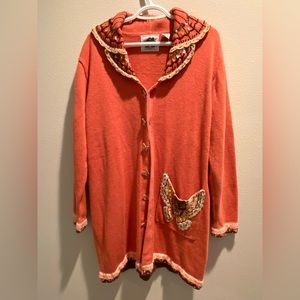 Vintage Storybook Knits Orange Cardigan - Butterfly Embroidery & Embellishments